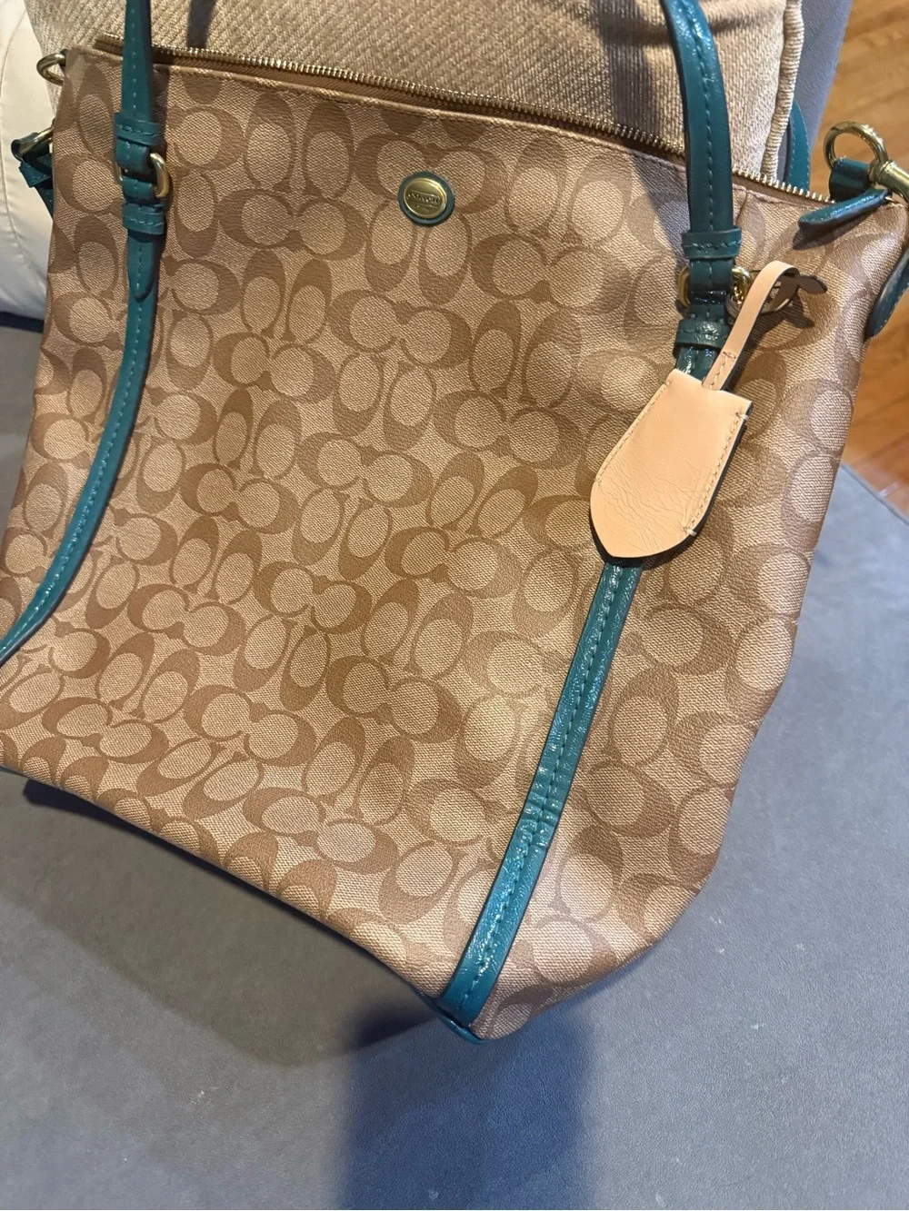 Coach Beige Signature Shoulder Bag with Teal Trim